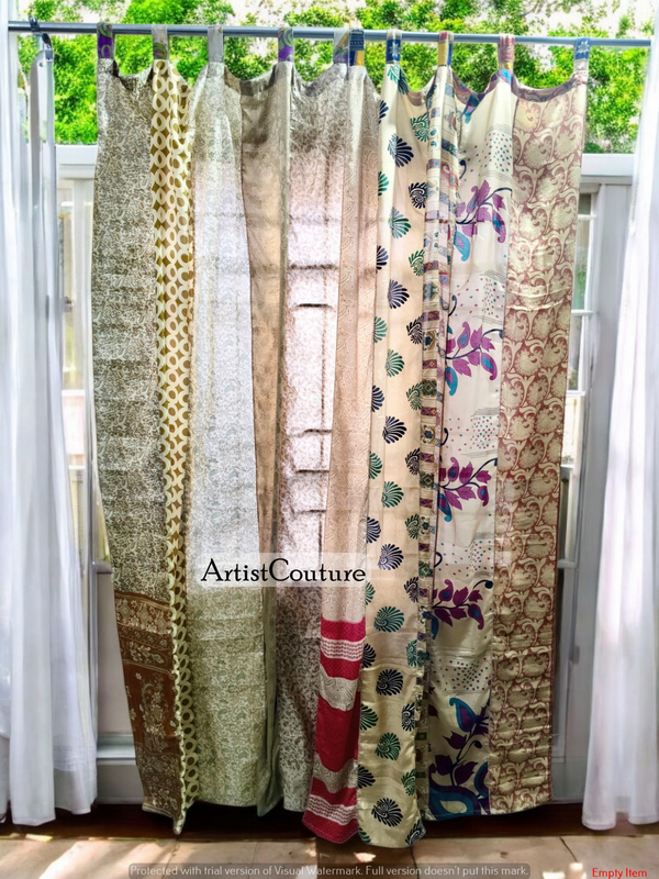Handmade Indian Silk Saree Curtains Boho Patchwork Window Decor (Set of 2) - 1