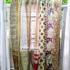Handmade Indian Silk Saree Curtains Boho Patchwork Window Decor (Set of 2) - 1
