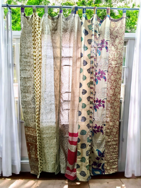 Handmade Indian Silk Saree Curtains Boho Patchwork Window Decor (Set of 2) - 2