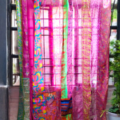 Handmade Indian Silk Saree Curtains Boho Patchwork Window Decor (Set of 2) - 7