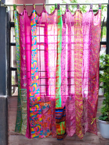 Handmade Indian Silk Saree Curtains Boho Patchwork Window Decor (Set of 2) - 7