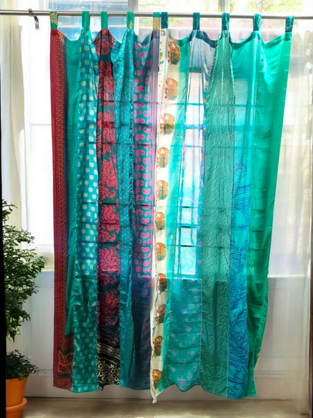 Handmade Indian Silk Saree Curtains Boho Patchwork Window Decor (Set of 2) - 9