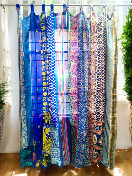 Handmade Indian Silk Saree Curtains Boho Patchwork Window Decor (Set of 2) - 3