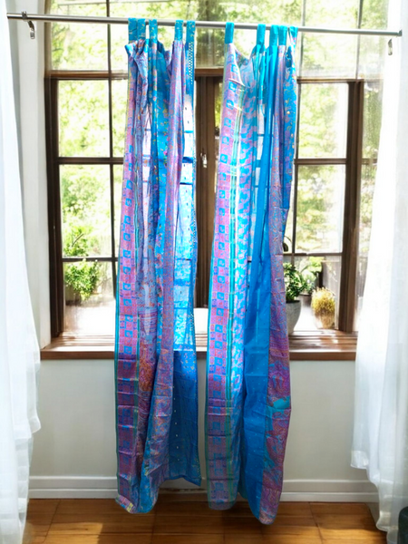 Handmade Indian Silk Saree Curtains Boho Patchwork Window Decor (Set of 2) - 3