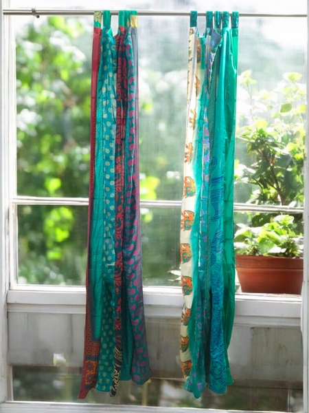 Handmade Indian Silk Saree Curtains Boho Patchwork Window Decor (Set of 2) - 9