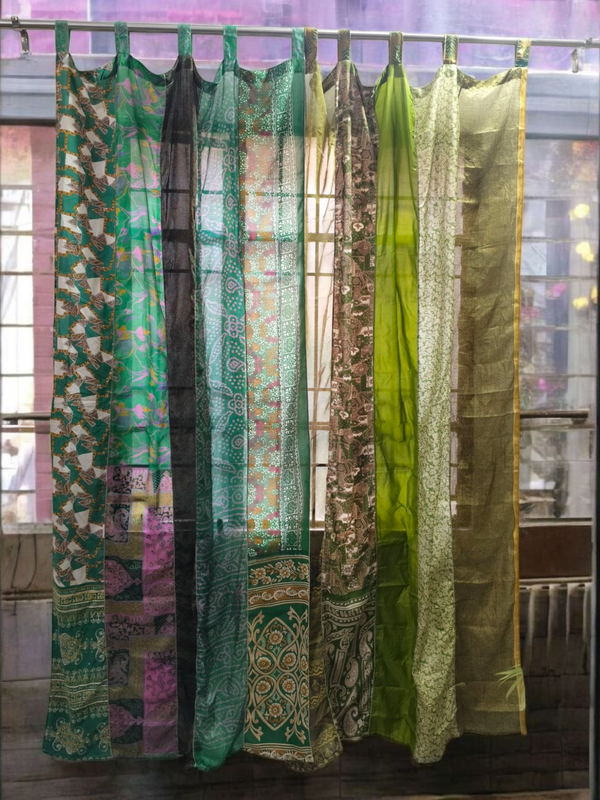 Handmade Indian Silk Saree Curtains Boho Patchwork Window Decor (Set of 2) - 11
