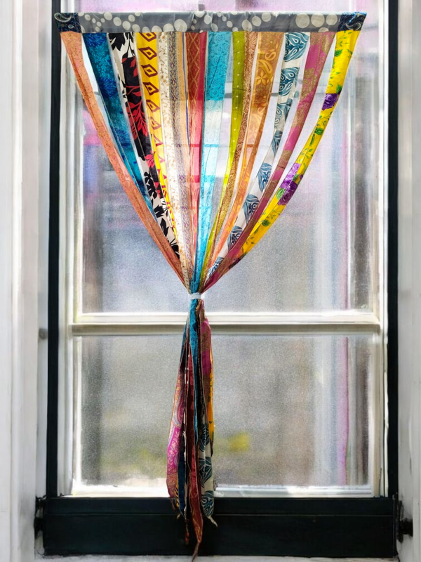 Handmade Indian Silk Saree Curtains Boho Patchwork Window Decor (Set of 2) - 10