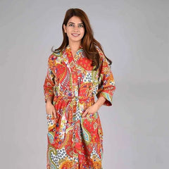 orange Floral Print Cotton Kimono Robe Pure Cotton Dressing Gown for Women
