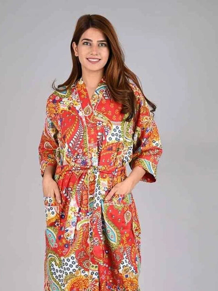 orange Floral Print Cotton Kimono Robe Pure Cotton Dressing Gown for Women