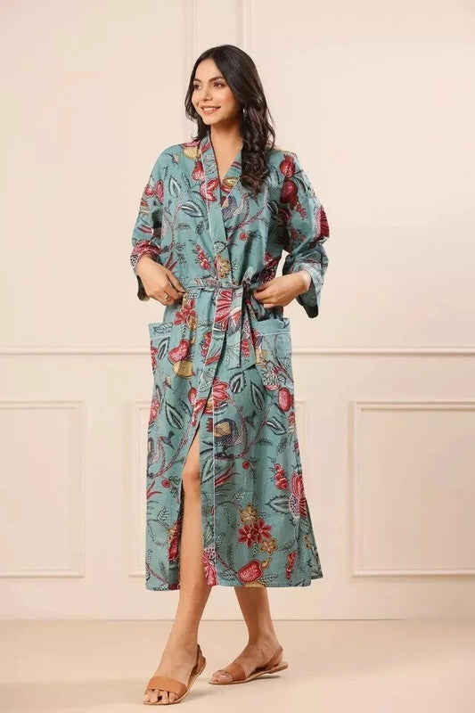 Grey Floral Print Cotton Kimono Robe Pure Cotton Dressing Gown for Women
