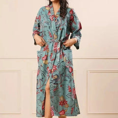 Grey Floral Print Cotton Kimono Robe Pure Cotton Dressing Gown for Women