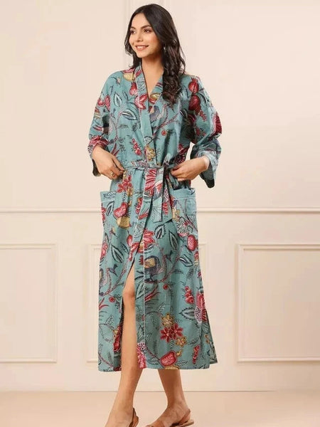 Grey Floral Print Cotton Kimono Robe Pure Cotton Dressing Gown for Women