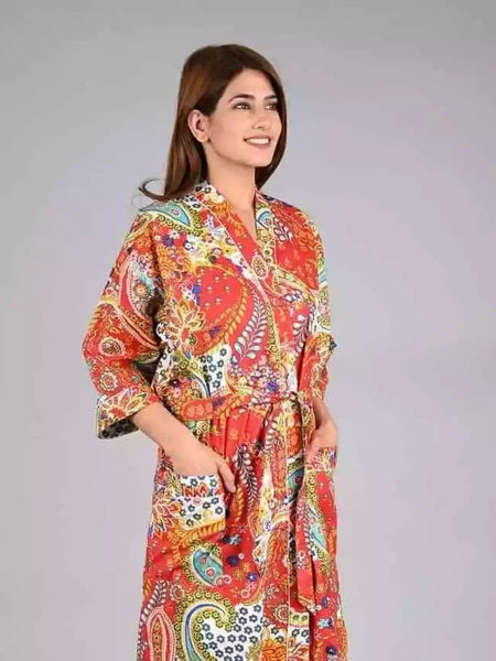 orange Floral Print Cotton Kimono Robe Pure Cotton Dressing Gown for Women