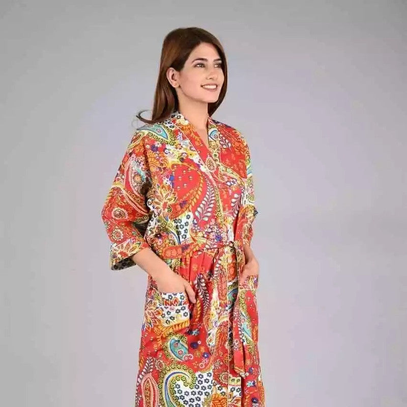 orange Floral Print Cotton Kimono Robe Pure Cotton Dressing Gown for Women