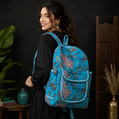 Handmade Patchwork Cotton Backpack – Floral Print Aqua Boho Shoulder Bag for Women - kraafty-com