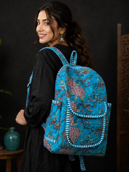 Handmade Patchwork Cotton Backpack – Floral Print Aqua Boho Shoulder Bag for Women - kraafty-com