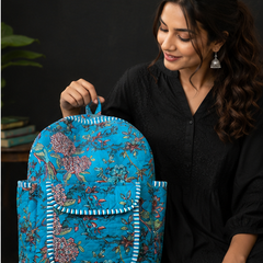 Handmade Patchwork Cotton Backpack – Floral Print Aqua Boho Shoulder Bag for Women - kraafty-com