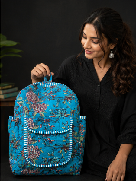 Handmade Patchwork Cotton Backpack – Floral Print Aqua Boho Shoulder Bag for Women - kraafty-com