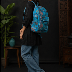 Handmade Patchwork Cotton Backpack – Floral Print Aqua Boho Shoulder Bag for Women - kraafty-com