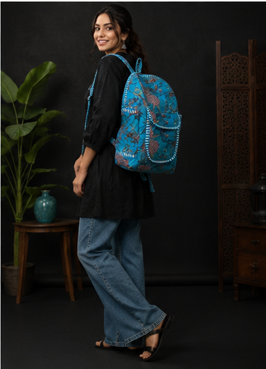 Handmade Patchwork Cotton Backpack – Floral Print Aqua Boho Shoulder Bag for Women - kraafty-com