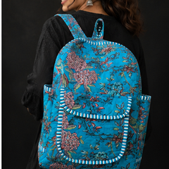 Handmade Patchwork Cotton Backpack – Floral Print Aqua Boho Shoulder Bag for Women - kraafty-com