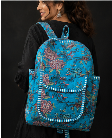 Handmade Patchwork Cotton Backpack – Floral Print Aqua Boho Shoulder Bag for Women - kraafty-com