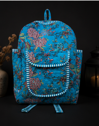 Handmade Patchwork Cotton Backpack – Floral Print Aqua Boho Shoulder Bag for Women - kraafty-com