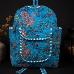 Handmade Patchwork Cotton Backpack – Floral Print Aqua Boho Shoulder Bag for Women - kraafty-com