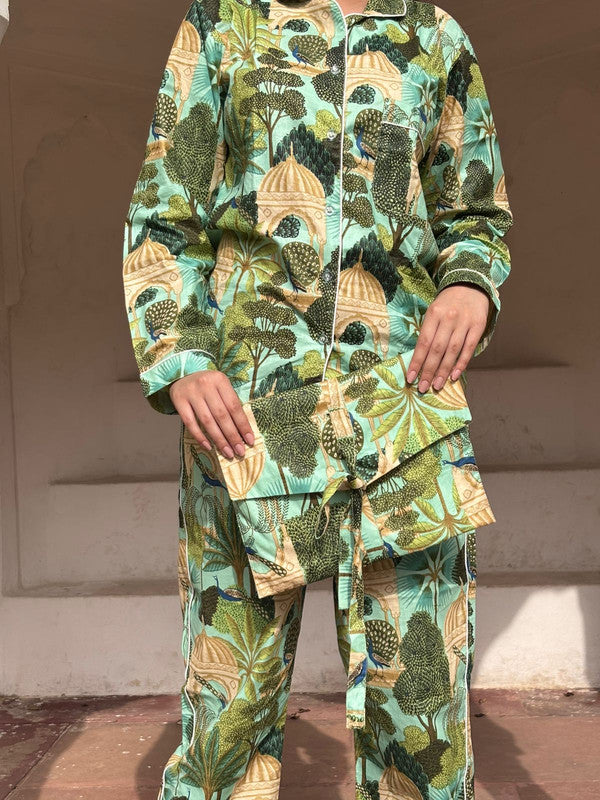 Green Floral Pure Cotton Pajama Set Soft Indian Nightwear & Bridesmaid Gift