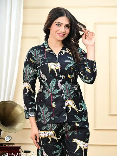 Tiger print Cotton Pajama Set - Soft Indian Nightwear | Pure Cotton PJ's & Bridesmaid Gift for Her