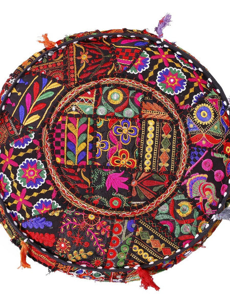 Handmade Bohemian Patchwork Cotton Ottoman Pouf Cover - Multicolor Traditional Khambariya Embroidered Indian Floor Pillow, Vintage Footstool, Hippie Gypsy Home Decor - 4