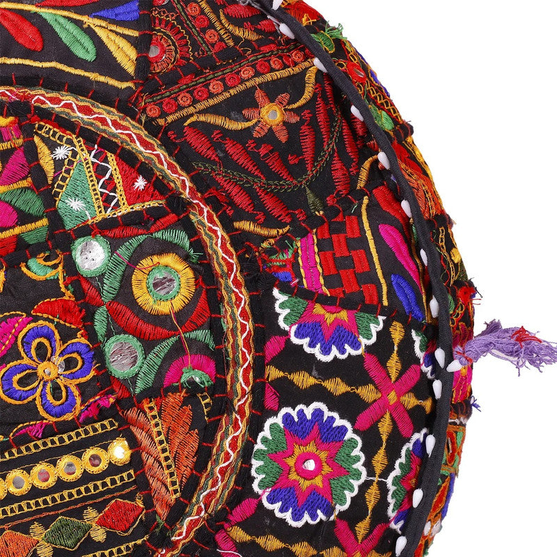 Handmade Bohemian Patchwork Cotton Ottoman Pouf Cover - Multicolor Traditional Khambariya Embroidered Indian Floor Pillow