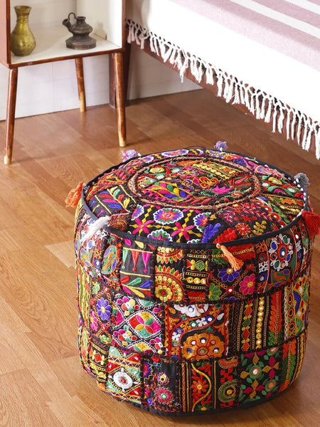 Handmade Bohemian Patchwork Cotton Ottoman Pouf Cover - Multicolor Traditional Khambariya Embroidered Indian Floor Pillow, Vintage Footstool, Hippie Gypsy Home Decor - 4