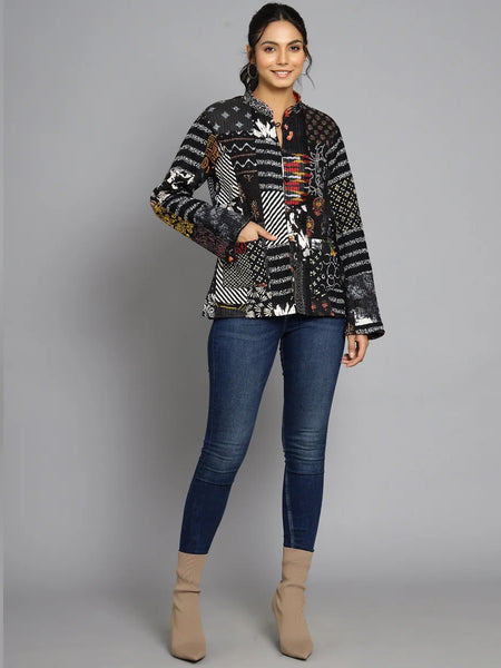 Handmade Quilted Reversible Patchwork Jacket Stylish Black Bohemian Coat