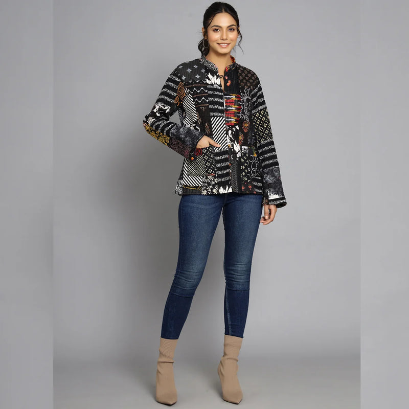 Handmade Quilted Reversible Patchwork Jacket Stylish Black Bohemian Coat
