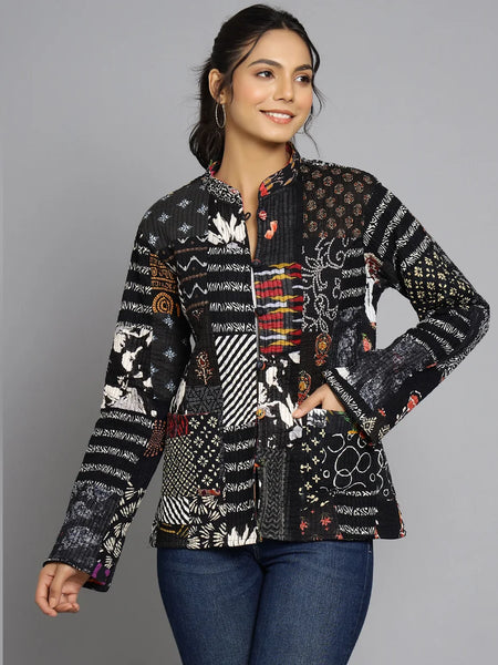 Handmade Quilted Reversible Patchwork Jacket Stylish Black Bohemian Coat