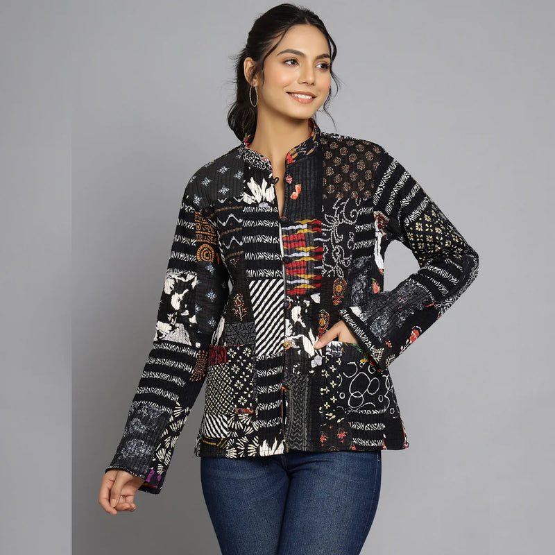 Handmade Quilted Reversible Patchwork Jacket Stylish Black Bohemian Coat