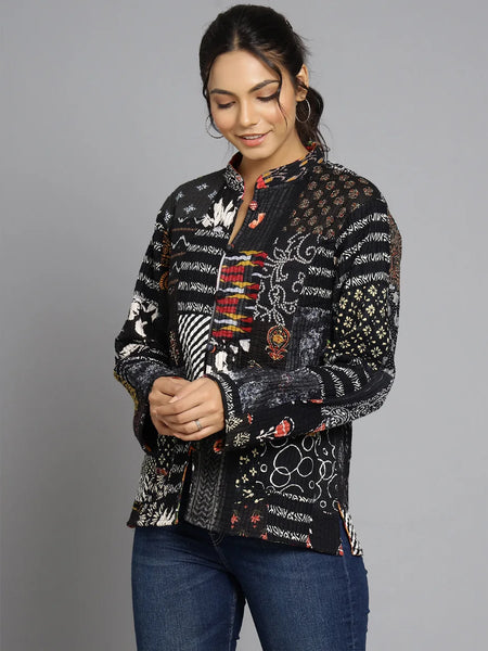 Handmade Quilted Reversible Patchwork Jacket Stylish Black Bohemian Coat