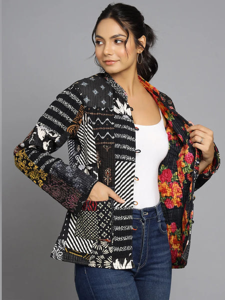 Handmade Quilted Reversible Patchwork Jacket Stylish Black Bohemian Coat