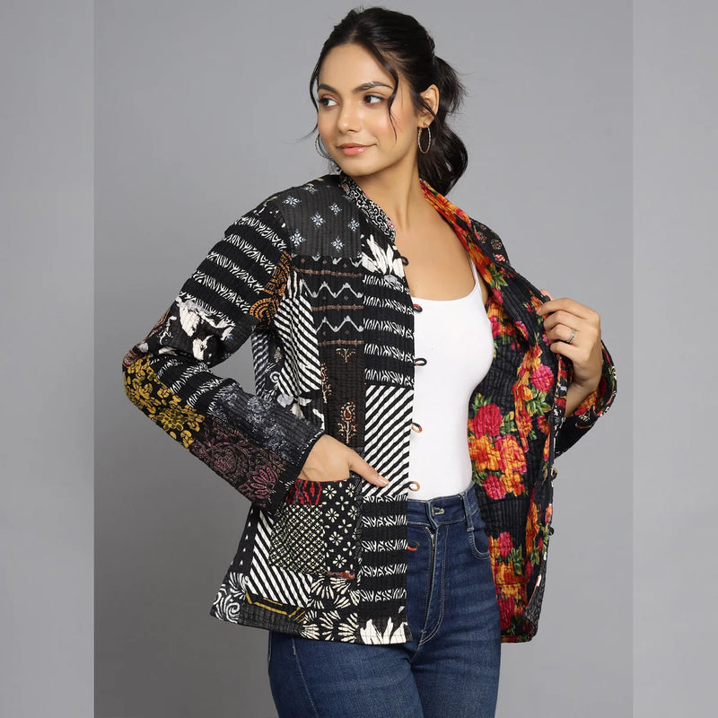 Handmade Quilted Reversible Patchwork Jacket Stylish Black Bohemian Coat