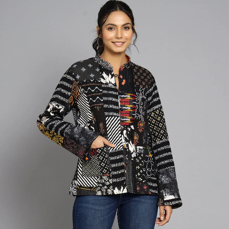 Handmade Quilted Reversible Patchwork Jacket Stylish Black Bohemian Coat