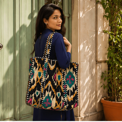 Quilted Cotton Tote Bag | Hand-Printed Reversible Beach Black Bag for Women