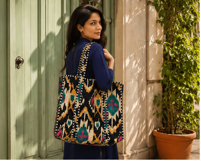 Quilted Cotton Tote Bag | Hand-Printed Reversible Beach Black Bag for Women
