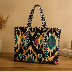 Quilted Cotton Tote Bag | Hand-Printed Reversible Beach Black Bag for Women