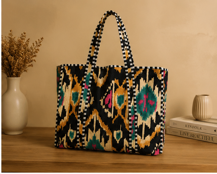Quilted Cotton Tote Bag | Hand-Printed Reversible Beach Black Bag for Women