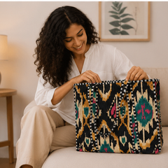 Quilted Cotton Tote Bag | Hand-Printed Reversible Beach Black Bag for Women