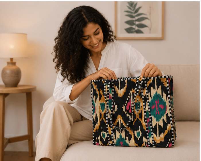 Quilted Cotton Tote Bag | Hand-Printed Reversible Beach Black Bag for Women