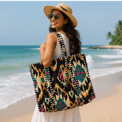 Quilted Cotton Tote Bag | Hand-Printed Reversible Beach Black Bag for Women
