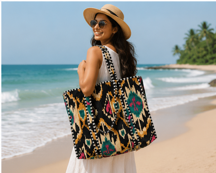 Quilted Cotton Tote Bag | Hand-Printed Reversible Beach Black Bag for Women