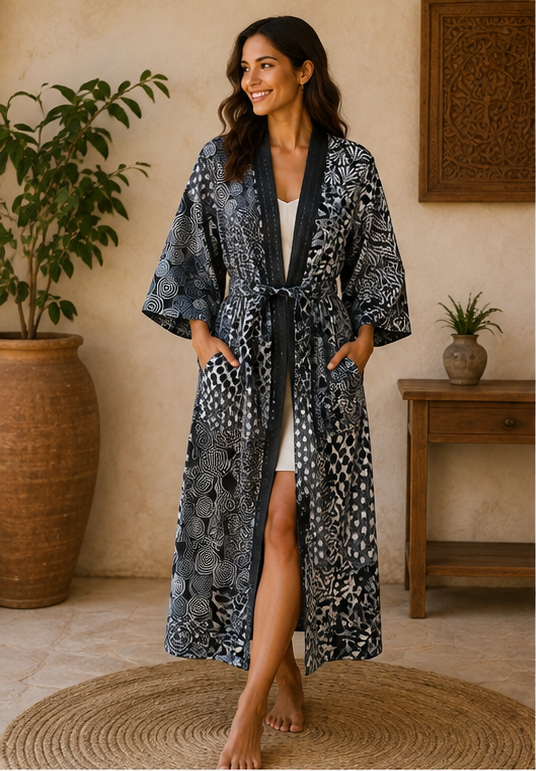 Vintage Kantha Quilt Black Kimono Robe — Handmade Cotton Dressing Gown